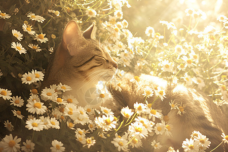 卧在花丛里的猫咪图片