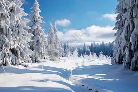 雪地乡村公园的冬天蓝天白雪下有树和小径图片