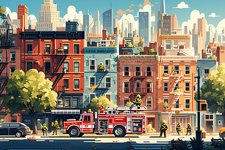 消防车与消防员图片