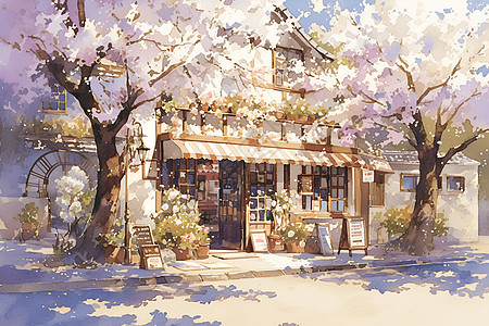 樱花树下的欧洲咖啡馆图片