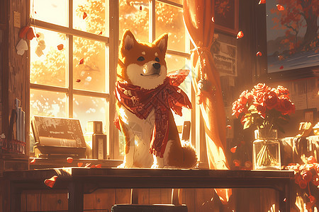红围巾小狗坐在桌上图片