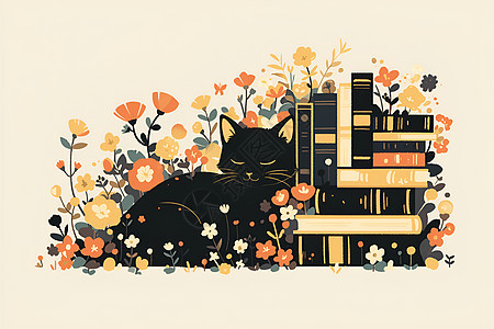 图书和鲜花旁边的猫咪图片