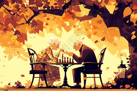 秋日下棋的老人图片