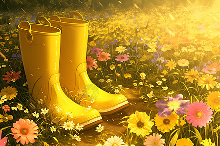 花海中的黄色雨靴图片