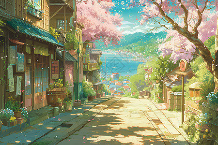 樱花树下的街道图片