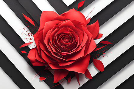 红玫瑰映衬黑白纹理图片