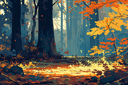 秋叶落满地枝条铺满森林底部增添了真实感并将插画与其自然环境联系在一起图片