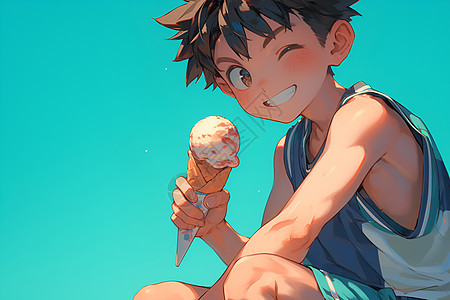 阳光男孩吃着冰淇淋图片