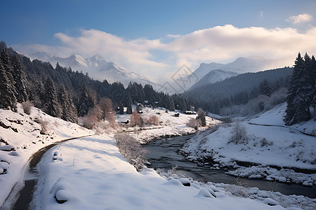 蓝天下的积雪山谷图片