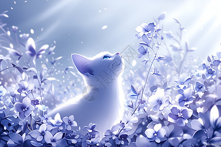 白猫在蓝色花朵里图片