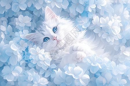 花海中可爱的白猫图片