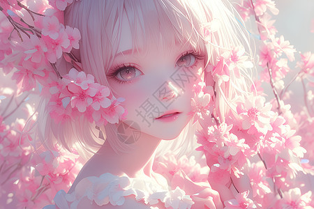 粉色花朵中的可爱少女图片