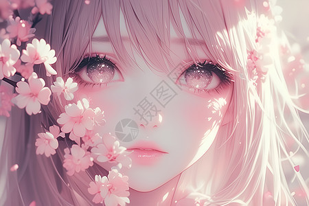 粉色花朵中的可爱女孩图片