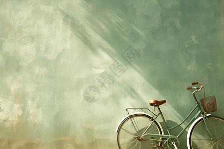 绿色自行车依偎墙边图片