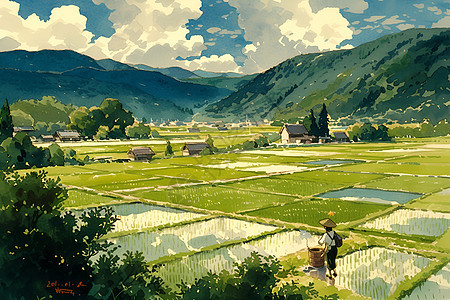 绿稻田中的农夫图片