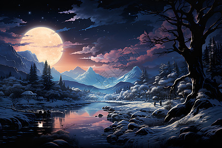 冬日月夜湖畔景色图片