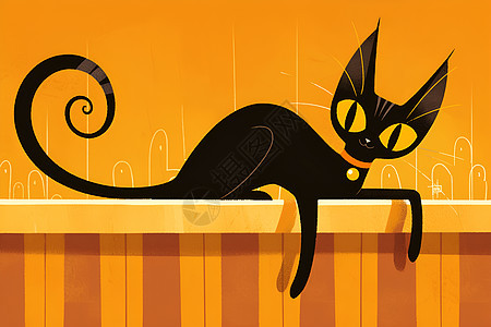 小黑猫在橙色背景前图片