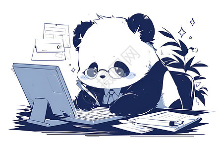 可爱熊猫在办公室使用电脑图片