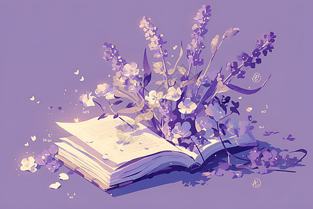 紫色花束与打开的书图片