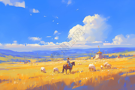 草原上羊群和马群图片