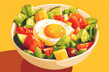 蔬菜沙拉中的煎蛋图片