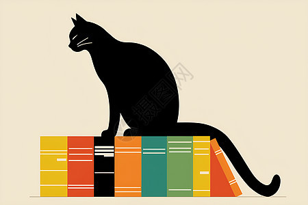 彩色书堆上的黑猫图片