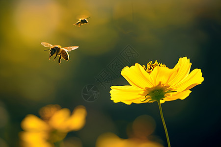 蜜蜂翩翩飞舞于黄花间图片