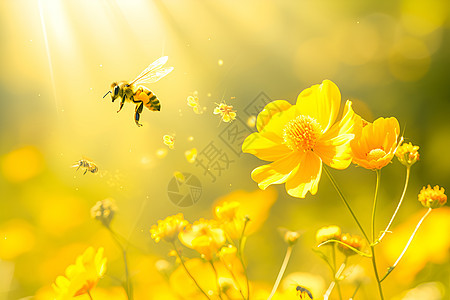 飞向黄花中的蜜蜂图片