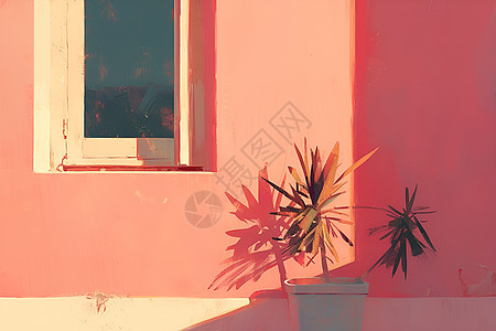 粉色的墙壁和植物图片
