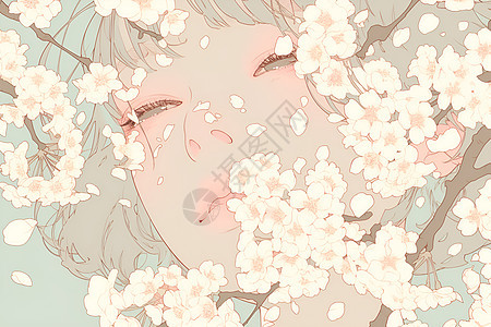 樱花树下的闭目少女图片
