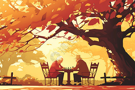 两位老年人在大树下下棋图片