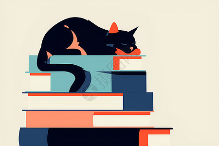 猫咪舒适地躺在一堆书本上图片