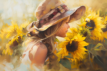 油画太阳花和少女图片