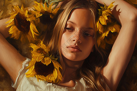 少女躺在向日葵上图片