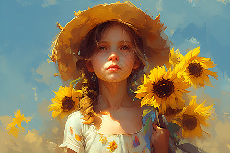 阳光少女与向日葵的油画图片