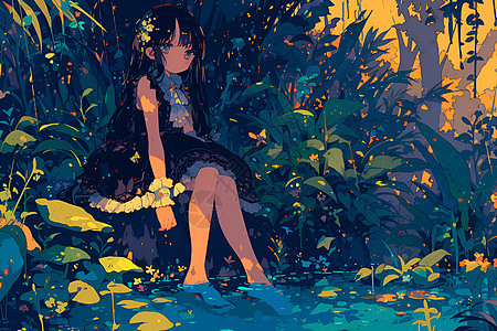 森林池塘边的少女图片