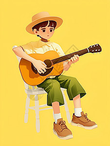 帽子少年弹奏吉他图片