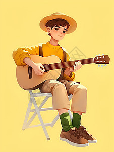 帽子少年在椅子上弹奏吉他图片