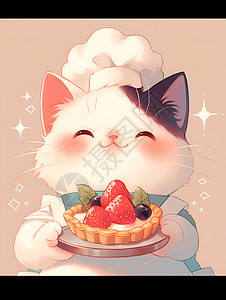 白帽猫咪手持草莓蛋糕图片