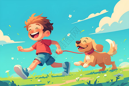 男孩和狗在草地上散步图片