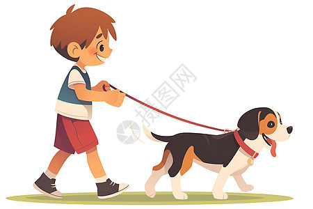 可爱男孩牵着狗散步图片