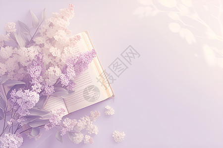 紫色花束下的书籍图片