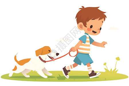 草地上牵着狗的男孩图片