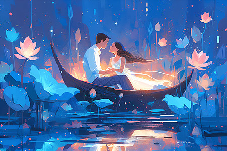 夜晚池塘划船的情侣图片