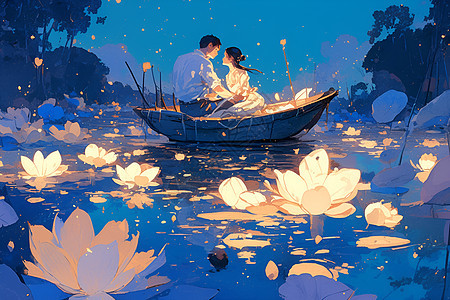 池塘船中的情侣图片