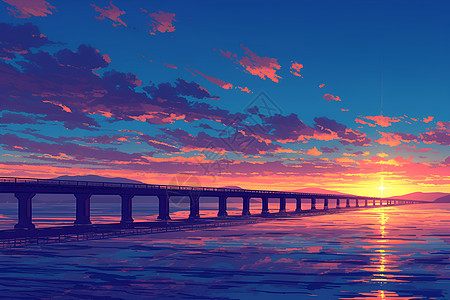 日落时分的海上桥梁图片