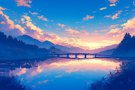 夕阳下的湖上桥梁与山景图片