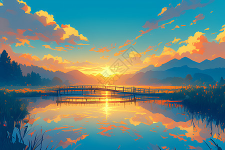 湖泊的夕阳桥景图片