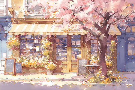 樱花树下的咖啡馆图片