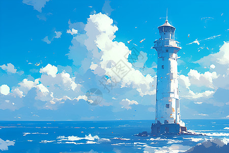 蓝天白云下的海洋灯塔图片